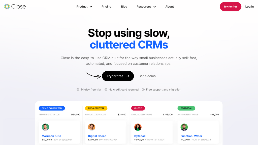 Close CRM Homepage