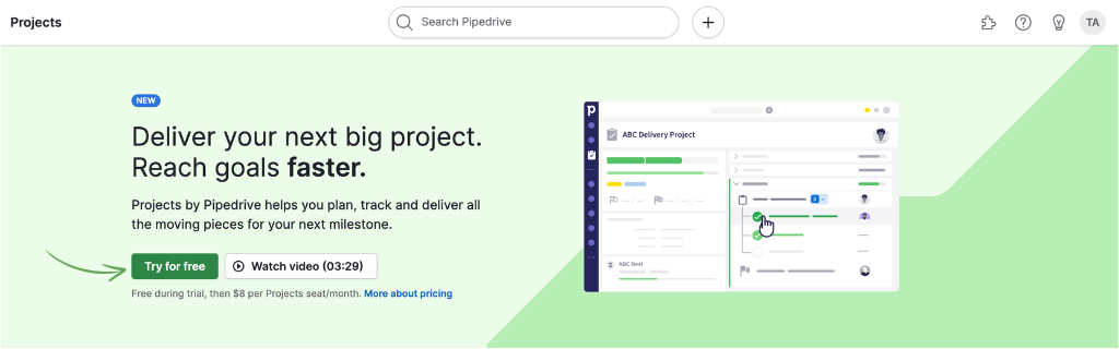 Projects feature of Pipedrive