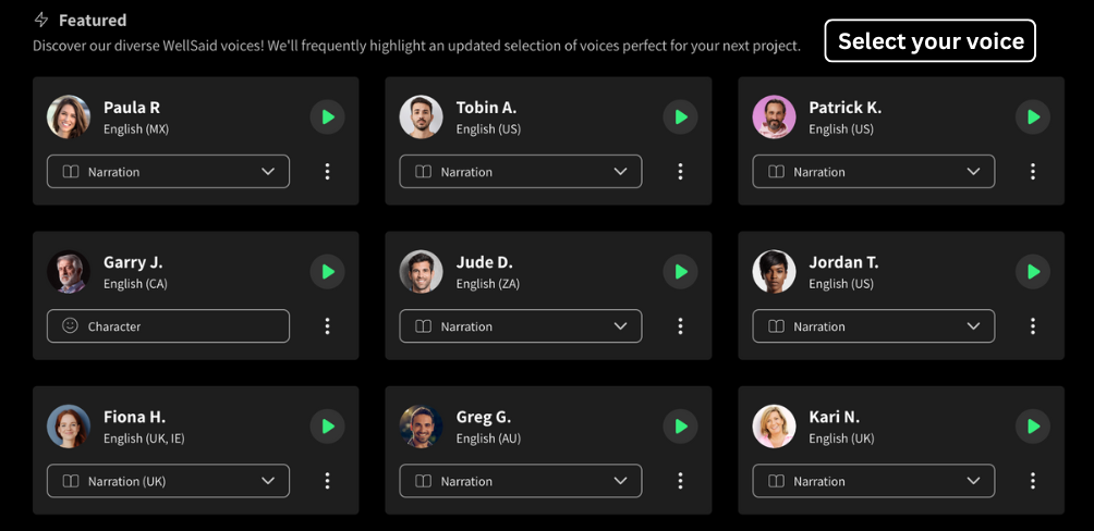 Select your voice with WellSaid Labs
