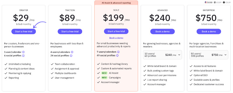 Sendible pricing