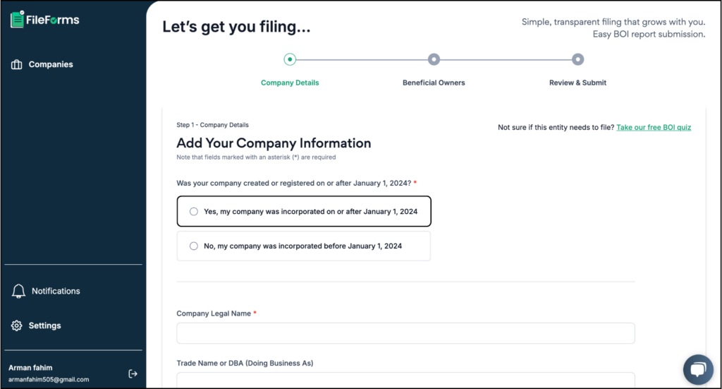 FileForms landing page