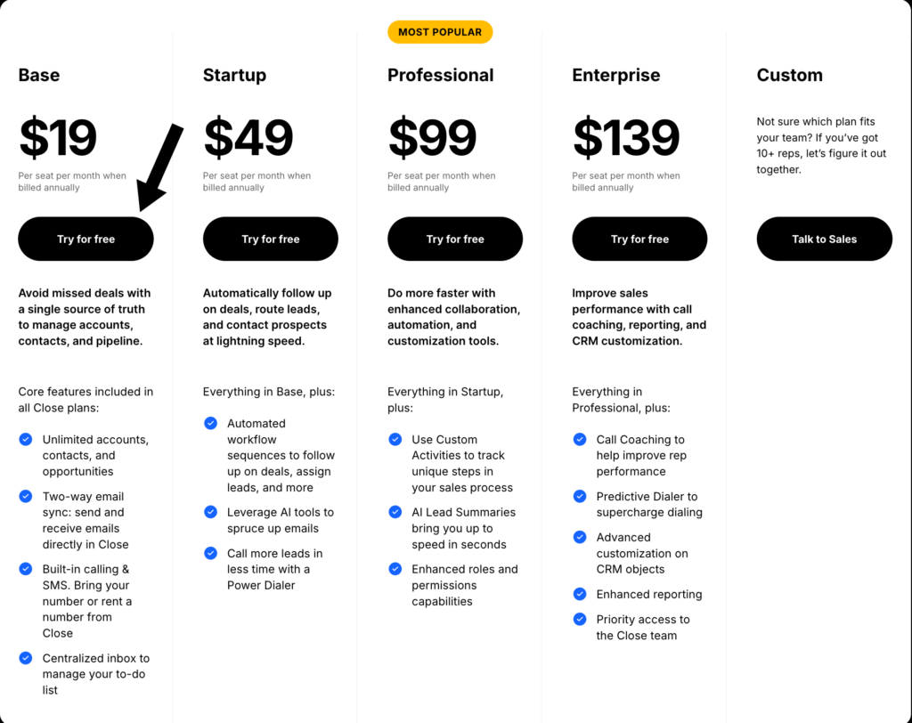 Close crm pricing