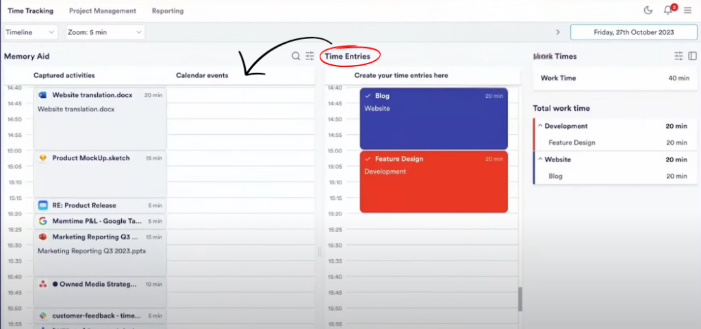 memtime project time entries