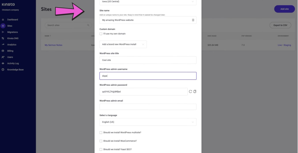 Kinsta Easy Site Creation