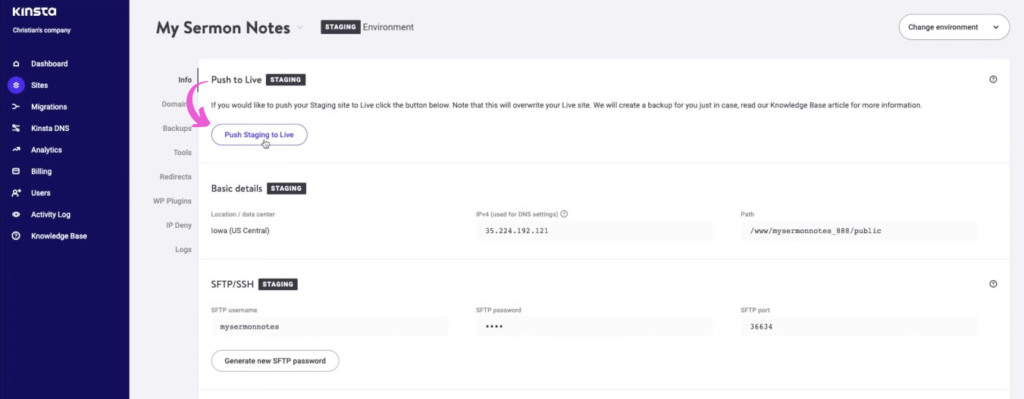Kinsta Push Staging to live