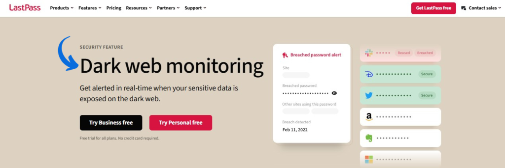 LastPass Dark web monitoring