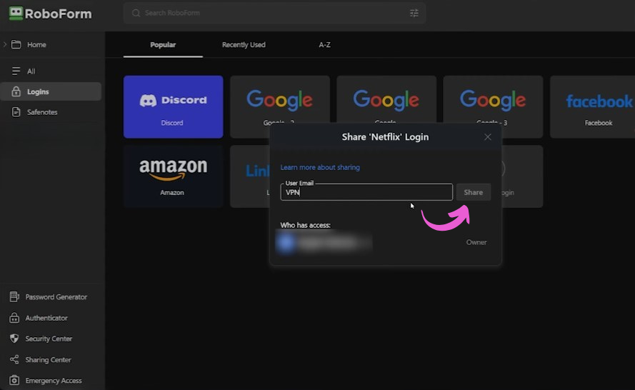 RoboForm Password Sharing