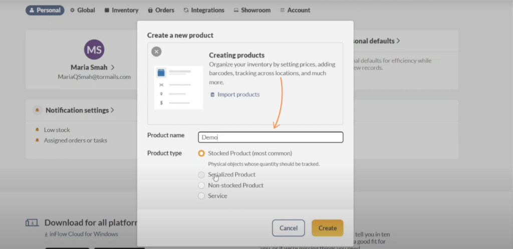 inflow inventory creating products