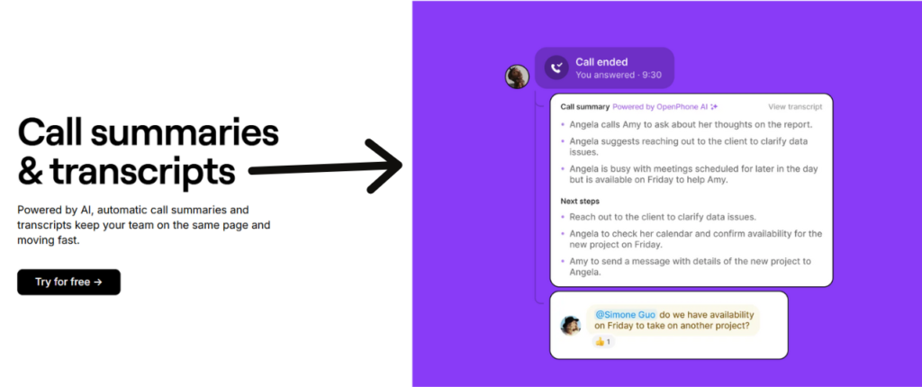 openphone call summaries & transcripts
