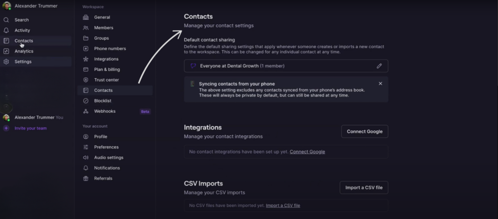 openphone manage contact setting