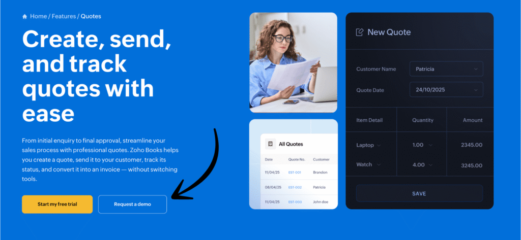 zoho books Create, send, and track quotes