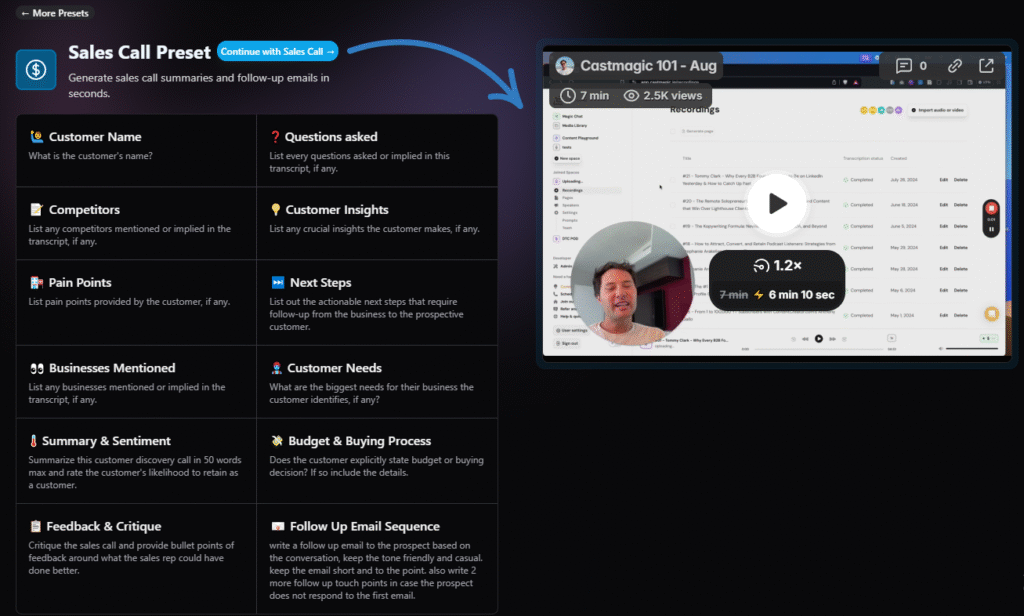 Castmagic sales call preset