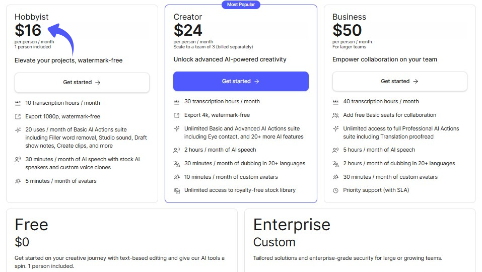 Descript Pricing