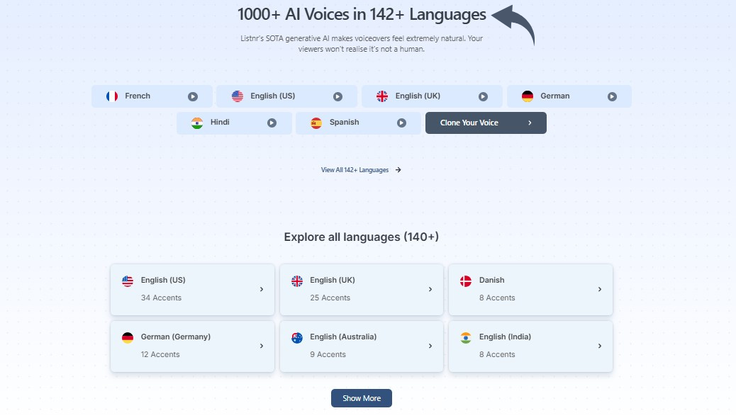 Listnr AI Voices in 142+ Languages