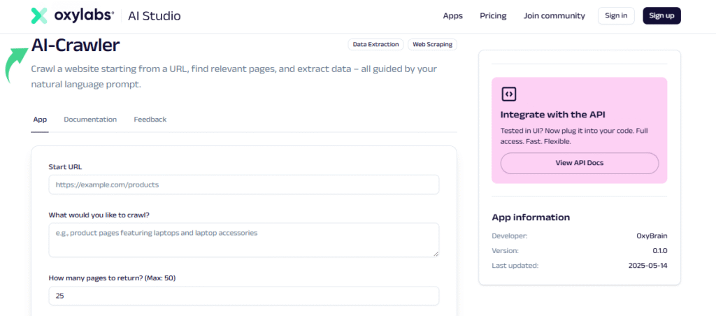 Test d'Oxylabs : le meilleur outil de web scraping en 2025 ? 12 Oxylabs AI-Crawler