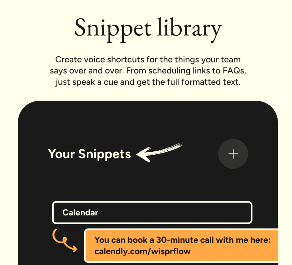 Voice command snippet library for creating team voice shortcuts and scheduling links with Fahim AI.